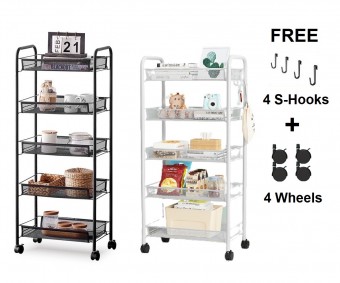 3 / 4 / 5 Tier Mesh Trolley Rack Kitchen bathroom Storage with Wheel Hooks 0117/0118/0119