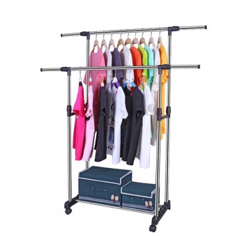 Double Garment Rack with Wheels and Extendable Length & Height 0131