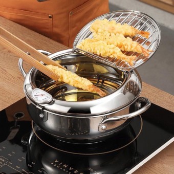 3.4L Large Tempura Deep Fryer Pot Japanese Stainless Steel Frying Pot with Thermometer  1215