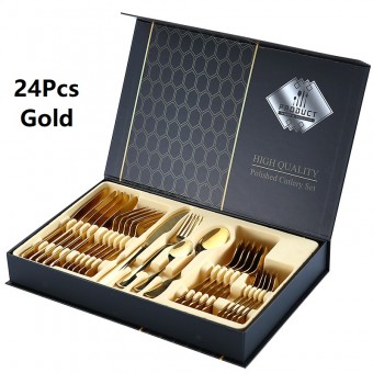 24Pcs Cutlery Stainless Steel Gold Gift Box Set Fork Knife Spoon Tea Spoon 0503/0504 Cutlery S