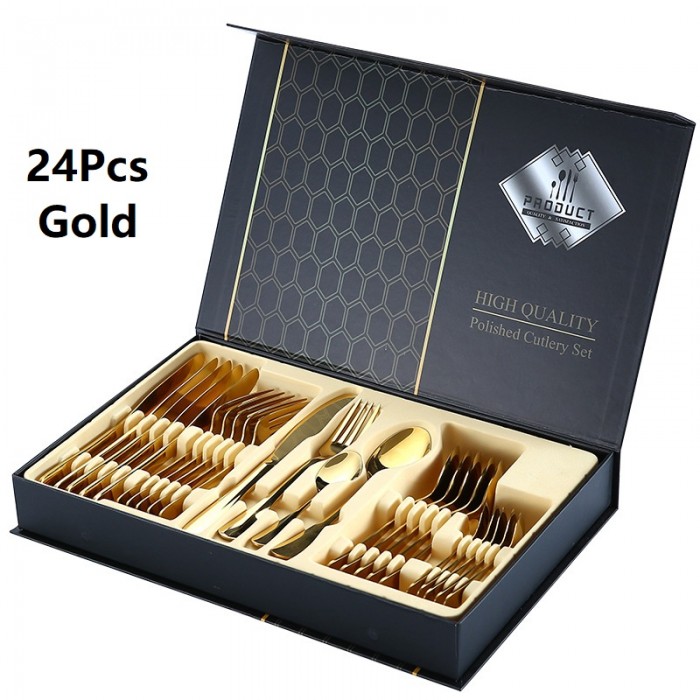 24Pcs Cutlery Stainless Steel Gold Gift Box Set Fork Knife Spoon Tea Spoon 0503/0504 Cutlery S