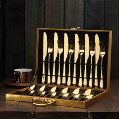 24Pcs Cutlery Stainless Steel Gold Wooden Box Set Fork Knife Spoon Tea Spoon 0505 Cutlery Set