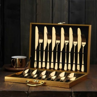 24Pcs Cutlery Stainless Steel Gold Wooden Box Set Fork Knife Spoon Tea Spoon 0505 Cutlery Set