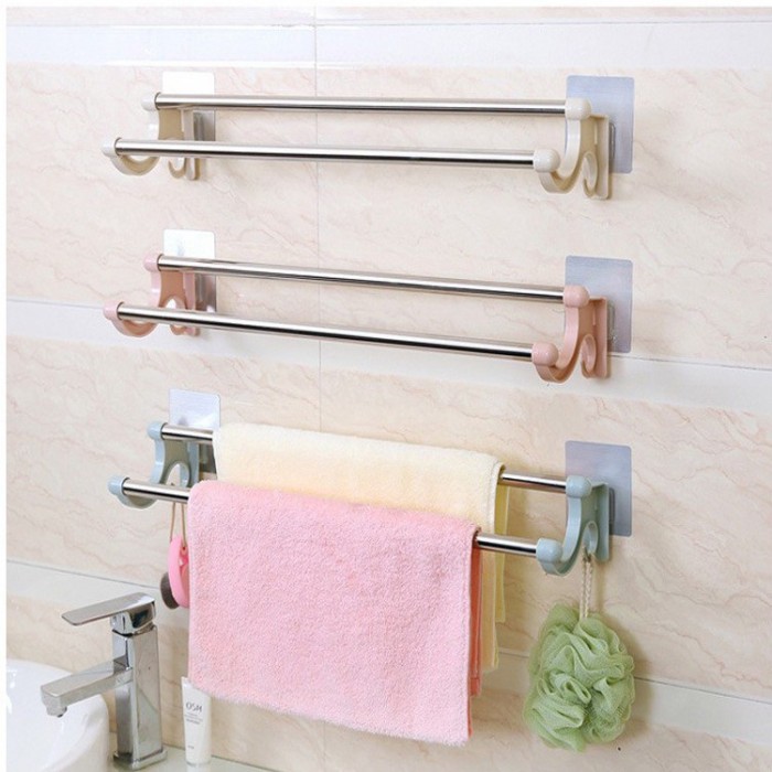 55cm Extra Long Double Pole Bathroom Towel Rack Stainless Steel No Nail 1079