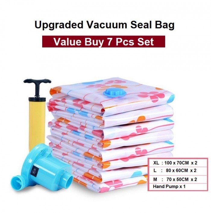 7Pcs Set Vacuum Seal Bag Travel Compress Storage Bag XL/L/M+Hand Pump 1141