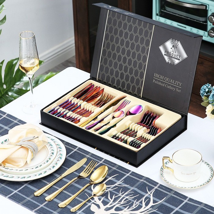 24Pcs Cutlery Stainless Steel Gold Gift Box Set Fork Knife Spoon Tea Spoon 0503/0504 Cutlery S
