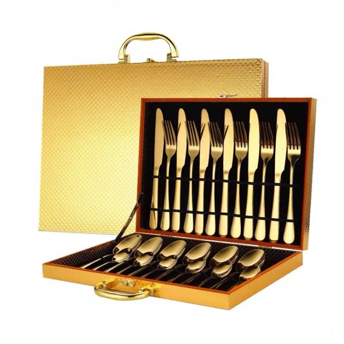 24Pcs Cutlery Stainless Steel Gold Wooden Box Set Fork Knife Spoon Tea Spoon 0505 Cutlery Set