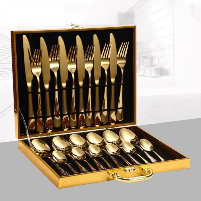 24Pcs Cutlery Stainless Steel Gold Wooden Box Set Fork Knife Spoon Tea Spoon 0505 Cutlery Set
