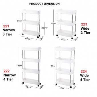 ¾ Tier Trolley Storage Rack with Wheels Wide Slim Bathroom Kitchen 0221/0222/0223/0224