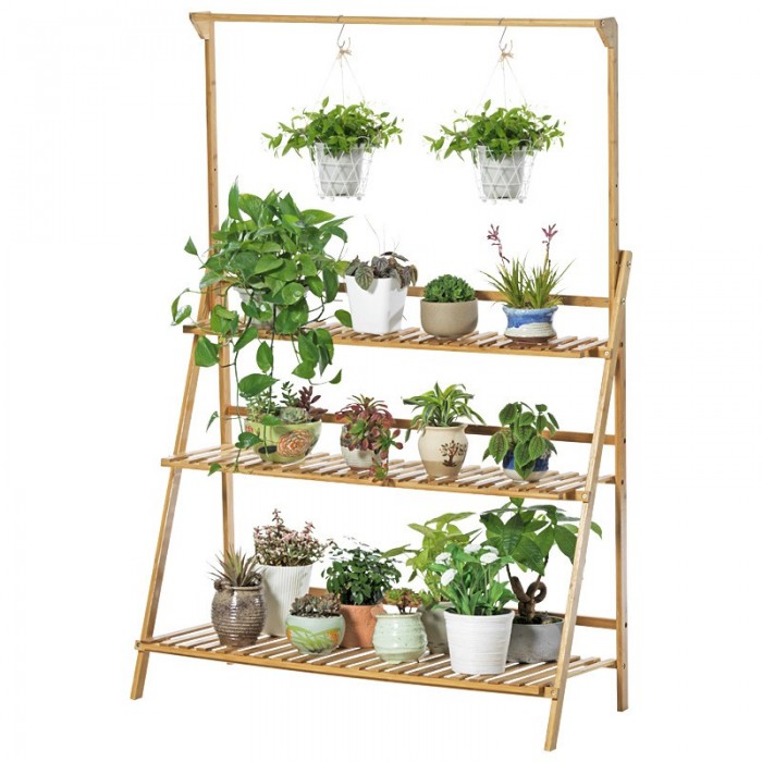 3 Tier 70cm Hanging Flower Rack Bamboo Wood Garden Plotted Plant 0182