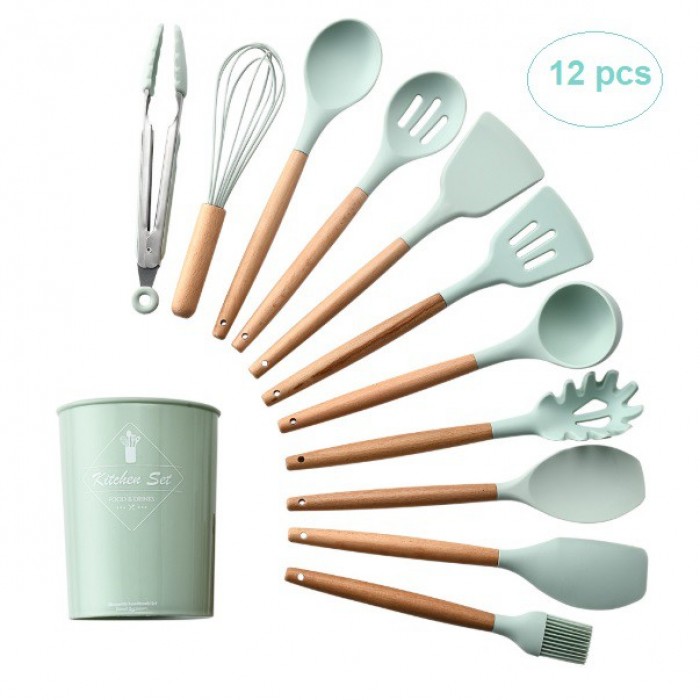 [ Original Kitchen Set ] 12PCS Silicone Utensil with Wood Handle & Holder 1115