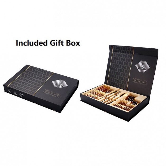 24Pcs Cutlery Stainless Steel Gold Gift Box Set Fork Knife Spoon Tea Spoon 0503/0504 Cutlery S