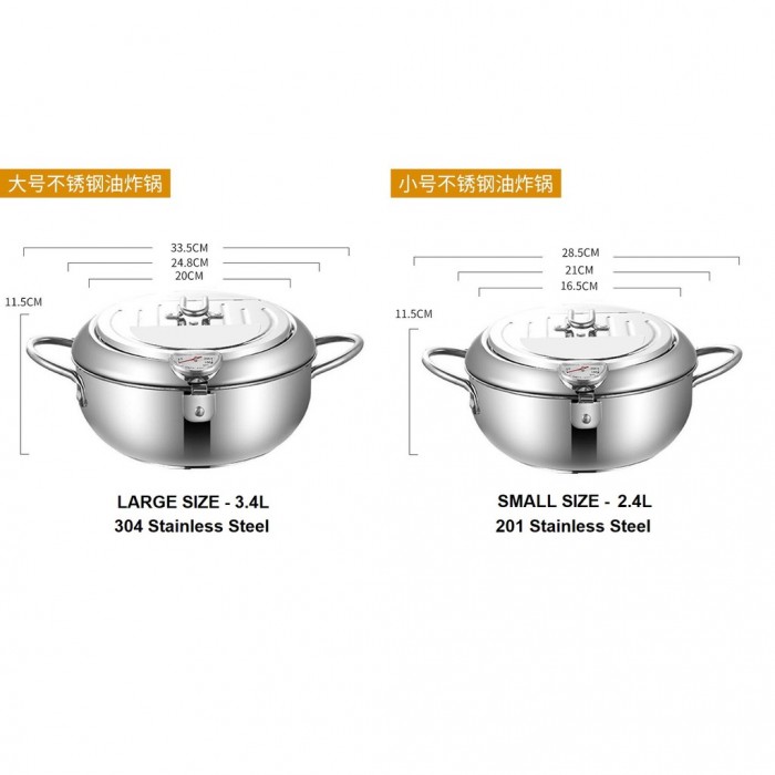 3.4L Large Tempura Deep Fryer Pot Japanese Stainless Steel Frying Pot with Thermometer  1215