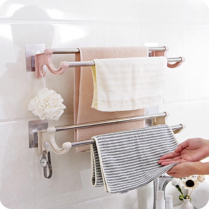 55cm Extra Long Double Pole Bathroom Towel Rack Stainless Steel No Nail 1079