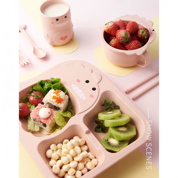 6Pcs Gift Set Baby Dinosaur Cartoon Cup Bowl Place Spoon Fork Chopstick 1268 Baby Bowl Set Mangkuk B