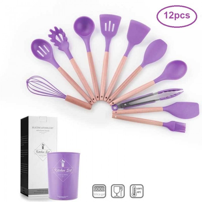 [ Original Kitchen Set ] 12PCS Silicone Utensil with Wood Handle & Holder 1115