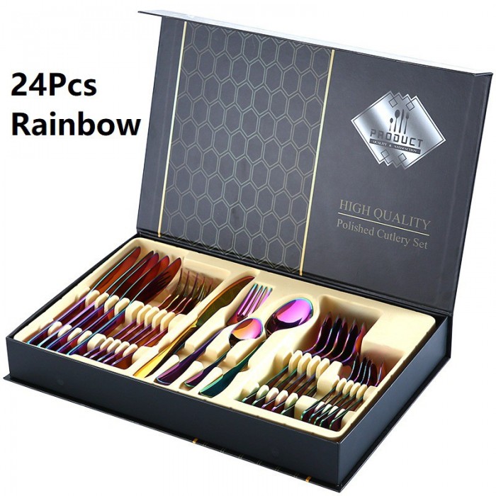 24Pcs Cutlery Stainless Steel Gold Gift Box Set Fork Knife Spoon Tea Spoon 0503/0504 Cutlery S