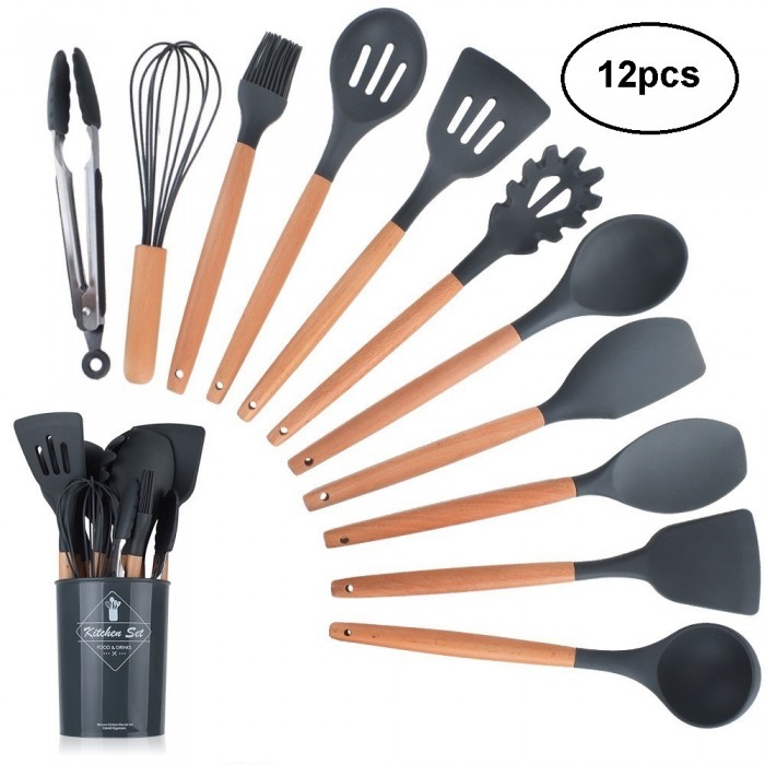 [ Original Kitchen Set ] 12PCS Silicone Utensil with Wood Handle & Holder 1115