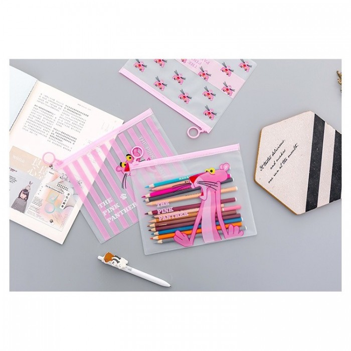 Pink Panther Pencil Case Stationery Drawing Pen Travel Makeup Cosmetic Bag Zip Lock Storage Ba