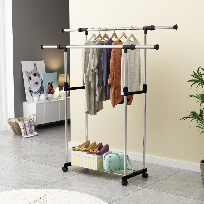 Double Garment Rack with Wheels and Extendable Length & Height 0131