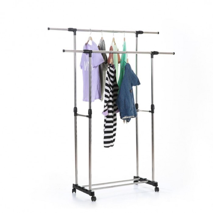 Double Garment Rack with Wheels and Extendable Length & Height 0131