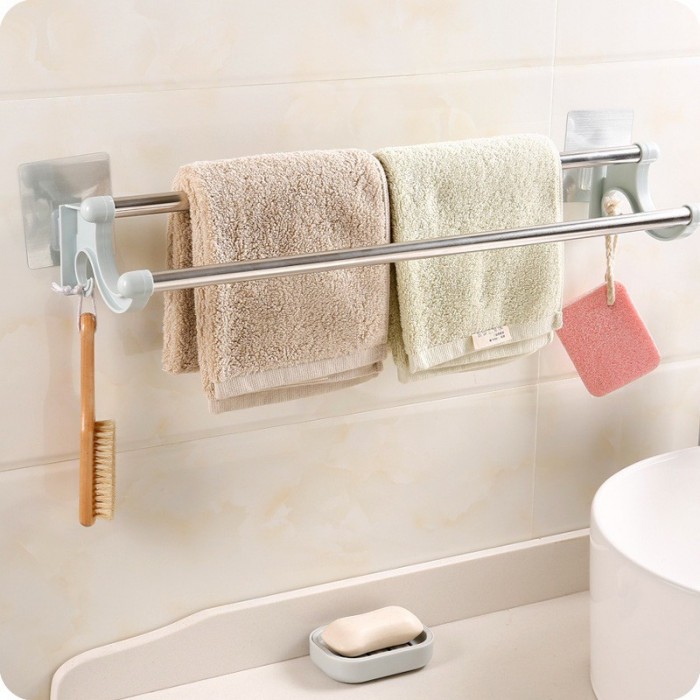 55cm Extra Long Double Pole Bathroom Towel Rack Stainless Steel No Nail 1079