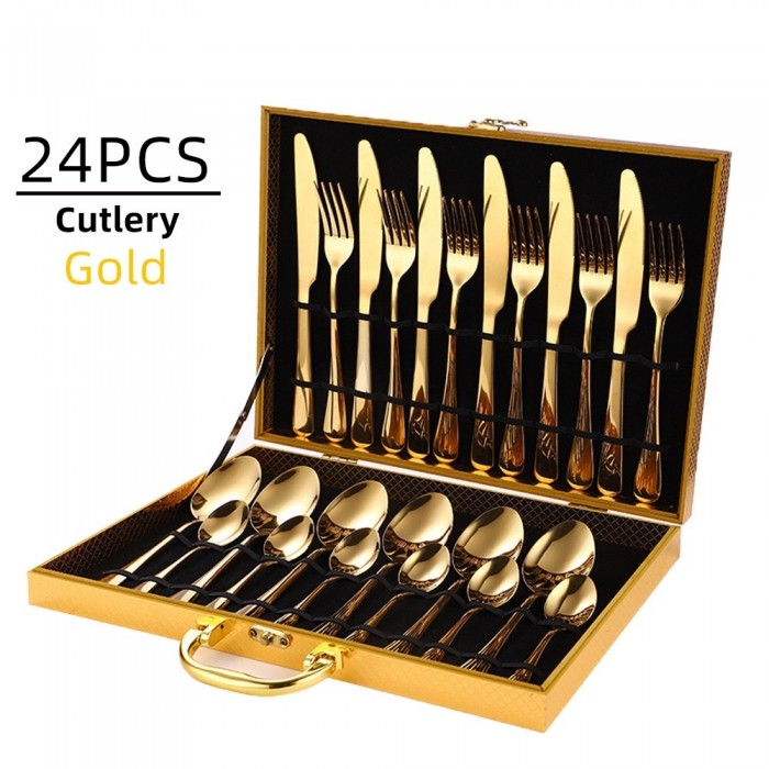 24Pcs Cutlery Stainless Steel Gold Wooden Box Set Fork Knife Spoon Tea Spoon 0505 Cutlery Set