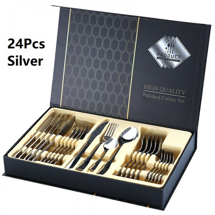 24Pcs Cutlery Stainless Steel Gold Gift Box Set Fork Knife Spoon Tea Spoon 0503/0504 Cutlery S