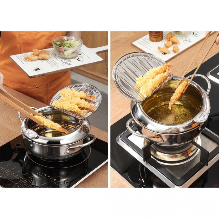 3.4L Large Tempura Deep Fryer Pot Japanese Stainless Steel Frying Pot with Thermometer  1215