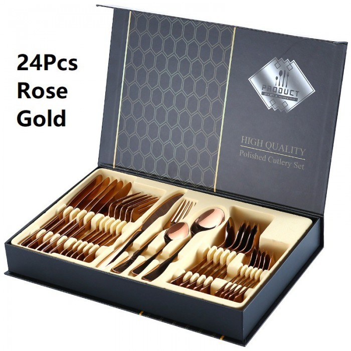 24Pcs Cutlery Stainless Steel Gold Gift Box Set Fork Knife Spoon Tea Spoon 0503/0504 Cutlery S